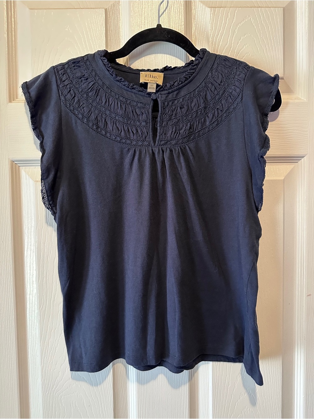 Elie Tahari Navy Crochet-Yoke Cap Sleeve Top